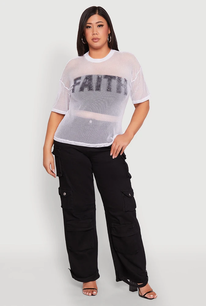 Womens Plus Size Faith Fishnet Top, White, Size 2X