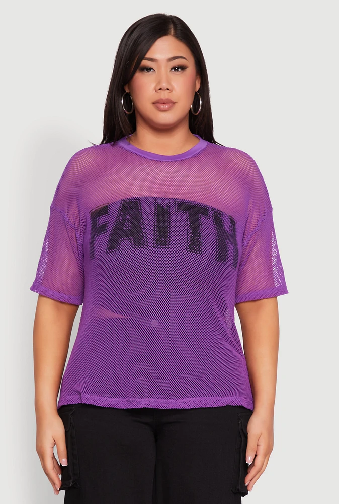 Womens Plus Faith Fishnet Top, Purple,