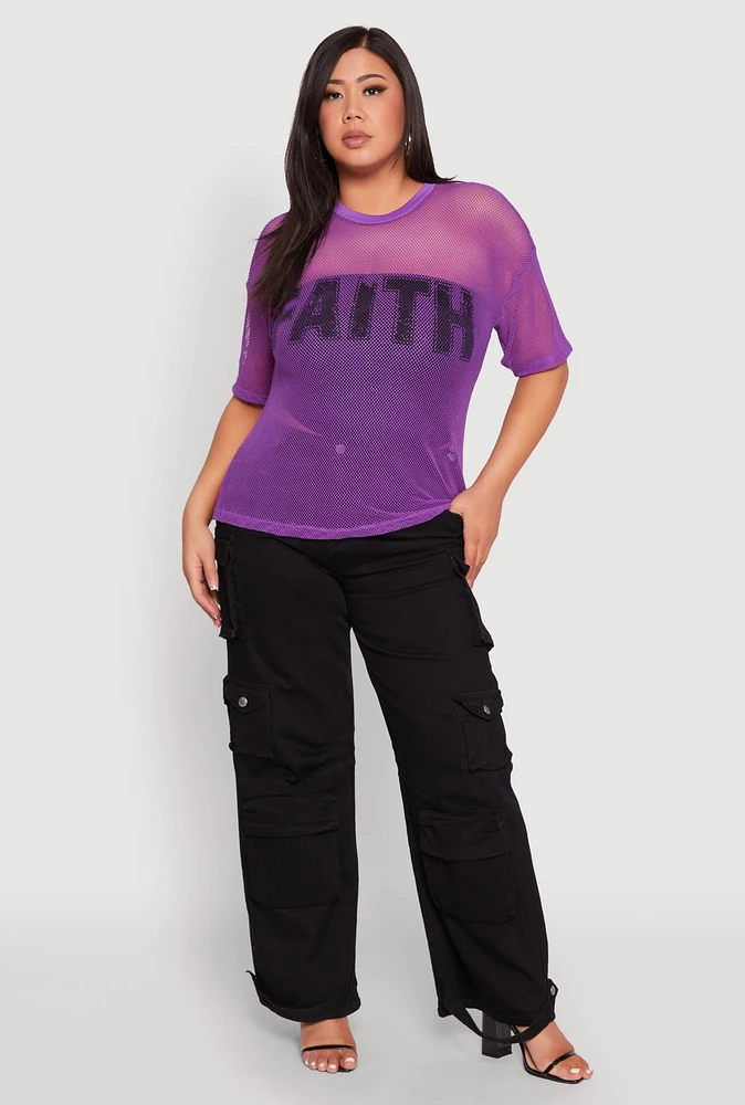 Womens Plus Faith Fishnet Top, Purple,