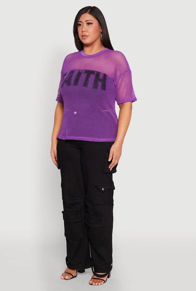 Womens Plus Faith Fishnet Top, Purple,