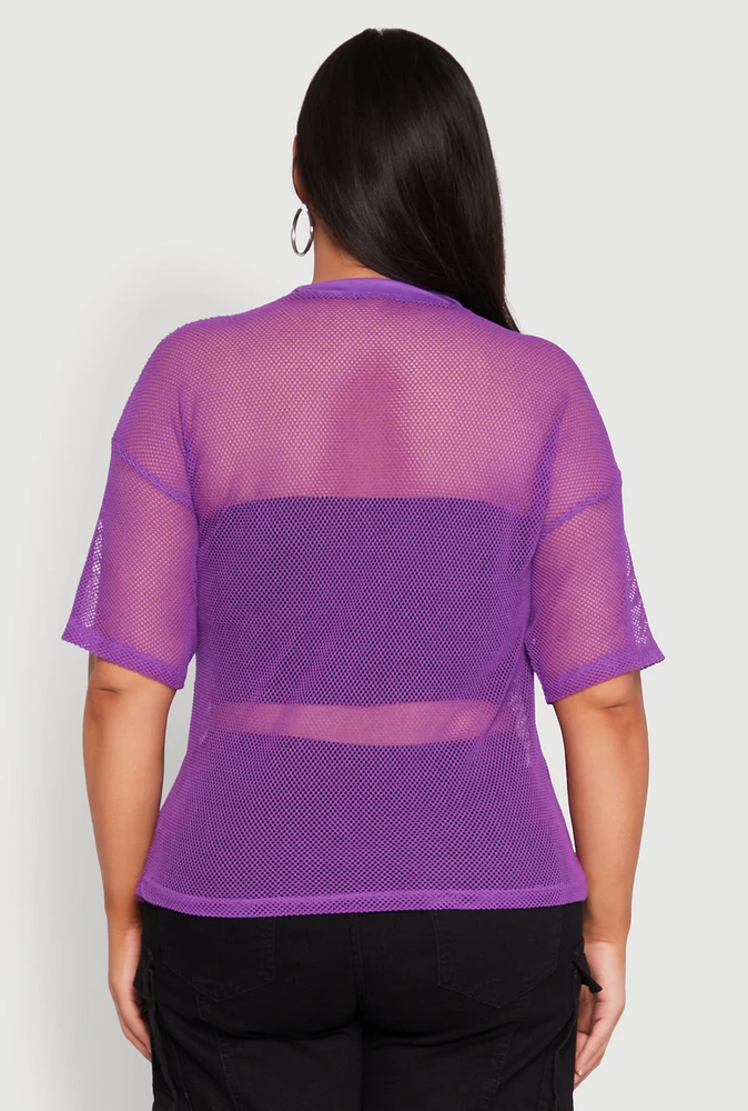 Womens Plus Faith Fishnet Top, Purple,