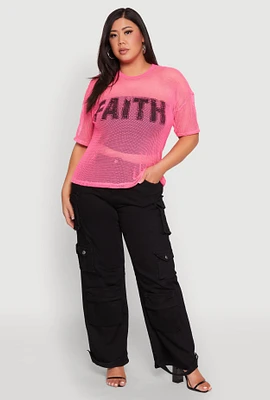 Womens Plus Size Faith Fishnet Top, Pink, Size 2X