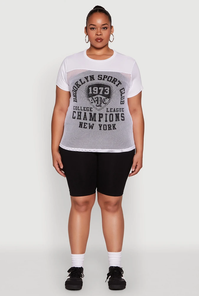 Womens Plus Size Fishnet Detail Brooklyn Sport Club Top, White, Size 3X