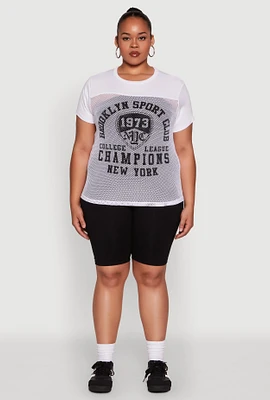 Womens Plus Size Fishnet Detail Brooklyn Sport Club Top, White, Size 3X