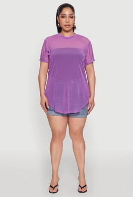 Womens Plus Size Mesh Crew Neck Tunic Top, Purple, Size 2X