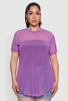 Womens Plus Size Mesh Crew Neck Tunic Top, Purple, Size 2X