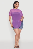 Womens Plus Size Mesh Crew Neck Tunic Top, Purple, Size 2X