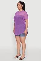Womens Plus Size Mesh Crew Neck Tunic Top, Purple, Size 2X