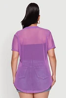 Womens Plus Size Mesh Crew Neck Tunic Top, Purple, Size 2X