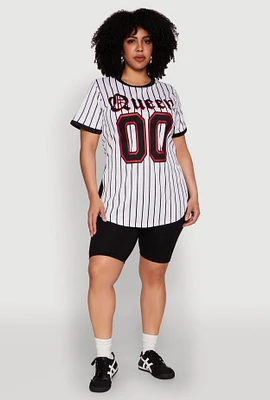 Womens Plus Size Striped Queen Graphic Baseball Tee, White, Size 2X