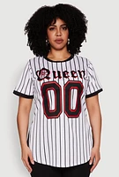 Womens Plus Size Striped Queen Graphic Baseball Tee, White, Size 2X