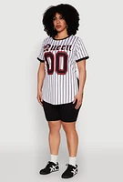 Womens Plus Size Striped Queen Graphic Baseball Tee, White, Size 2X