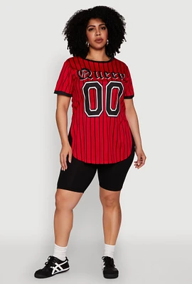 Womens Plus Size Striped Queen Graphic Baseball Tee, Red, Size 4X