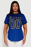 Womens Plus Striped Queen Graphic Baseball Tee,