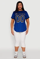 Womens Plus Size Striped Queen Graphic Baseball Tee, Blue, Size 2X