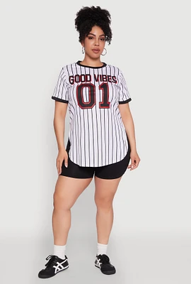 Womens Plus Good Vibes 01 Pinstripe Baseball Jersey, 3X