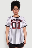 Womens Plus Good Vibes 01 Pinstripe Baseball Jersey, 3X