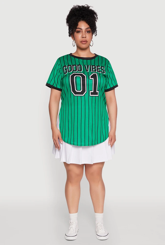 Womens Plus Good Vibes 01 Pinstripe Baseball Jersey, Green,