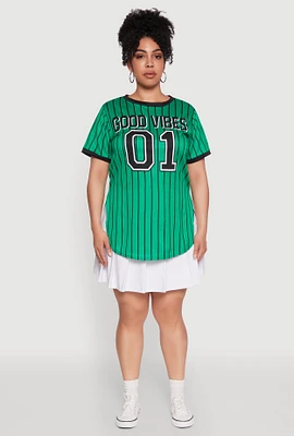 Womens Plus Good Vibes 01 Pinstripe Baseball Jersey, Green,