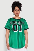 Womens Plus Good Vibes 01 Pinstripe Baseball Jersey, Green,