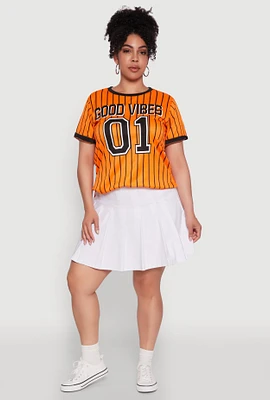 Womens Plus Size Good Vibes 01 Pinstripe Baseball Jersey, Orange, Size 1X