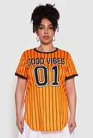 Womens Plus Size Good Vibes 01 Pinstripe Baseball Jersey, Orange, Size 1X