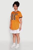 Womens Plus Size Good Vibes 01 Pinstripe Baseball Jersey, Orange, Size 1X