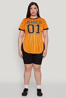 Womens Plus Size Los Angeles 01 Pinstripe Baseball Jersey, Orange, Size 1X