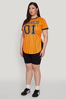 Womens Plus Size Los Angeles 01 Pinstripe Baseball Jersey, Orange, Size 1X