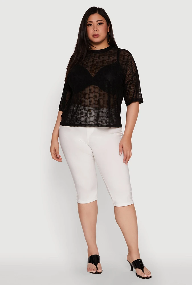 Womens Plus Chic Sheer Mesh Blouse with Crew Neck and Short Sleeves,