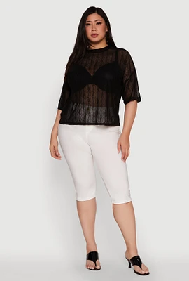 Womens Plus Chic Sheer Mesh Blouse with Crew Neck and Short Sleeves,