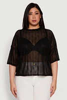 Womens Plus Chic Sheer Mesh Blouse with Crew Neck and Short Sleeves,
