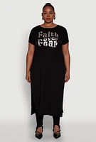 Womens Plus Side Slit Faith Over Fear Foil Graphic Maxi Tee,