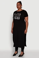 Womens Plus Side Slit Faith Over Fear Foil Graphic Maxi Tee,