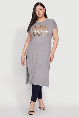 Womens Plus Side Slit Faith Over Fear Foil Graphic Maxi Tee,