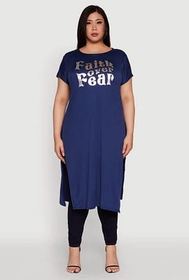 Womens Plus Side Slit Faith Over Fear Foil Graphic Maxi Tee,