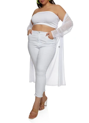 Womens Plus Size Solid Mesh Long Sleeve Duster, White, Size 2X