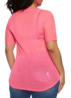 Womens Plus Size Mesh Short Sleeve Crew Neck T Shirt, Pink, Size 2X