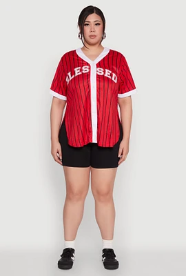 Womens Plus Size Blessed Pinstripe Baseball Shirt, Red, Size 2X