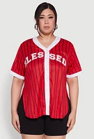 Womens Plus Size Blessed Pinstripe Baseball Shirt, Red, Size 2X