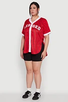 Womens Plus Size Blessed Pinstripe Baseball Shirt, Red, Size 2X