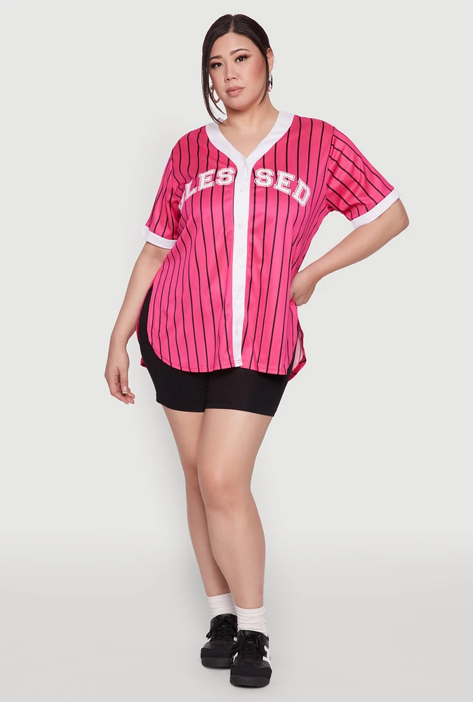 Womens Plus Size Blessed Pinstripe Baseball Shirt, Pink, Size 2X