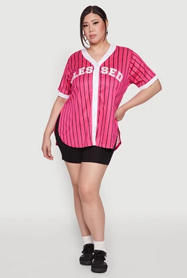Womens Plus Size Blessed Pinstripe Baseball Shirt, Pink, Size 2X
