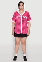 Womens Plus Size Blessed Pinstripe Baseball Shirt, Pink, Size 2X