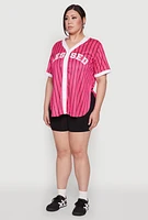 Womens Plus Size Blessed Pinstripe Baseball Shirt, Pink, Size 2X