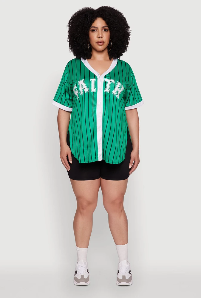 Womens Plus Contrast Trim Faith Graphic Baseball Tee,