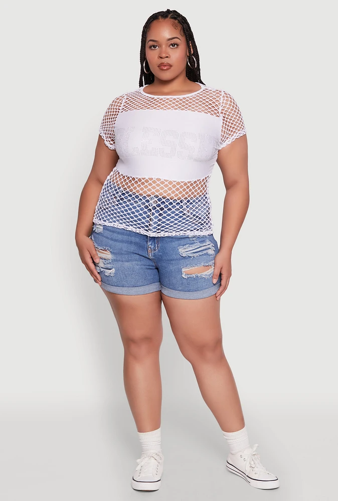 Womens Plus Size Blessed Rhinestone Fishnet Top with Crew Neck, White, Size 3X