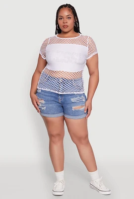 Womens Plus Size Blessed Rhinestone Fishnet Top with Crew Neck, White, Size 3X