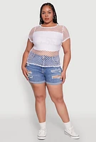 Womens Plus Size Blessed Rhinestone Fishnet Top with Crew Neck, White, Size 3X