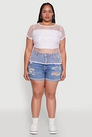 Womens Plus Size Blessed Rhinestone Fishnet Top with Crew Neck, White, Size 3X